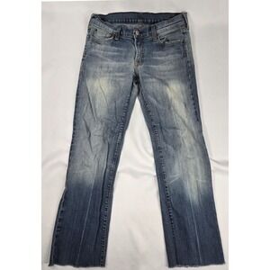 VINTAGE 7FAM Made in USA‎ W31 Bootcut Jeans Light Wash Raw Hem Y2K Distressed